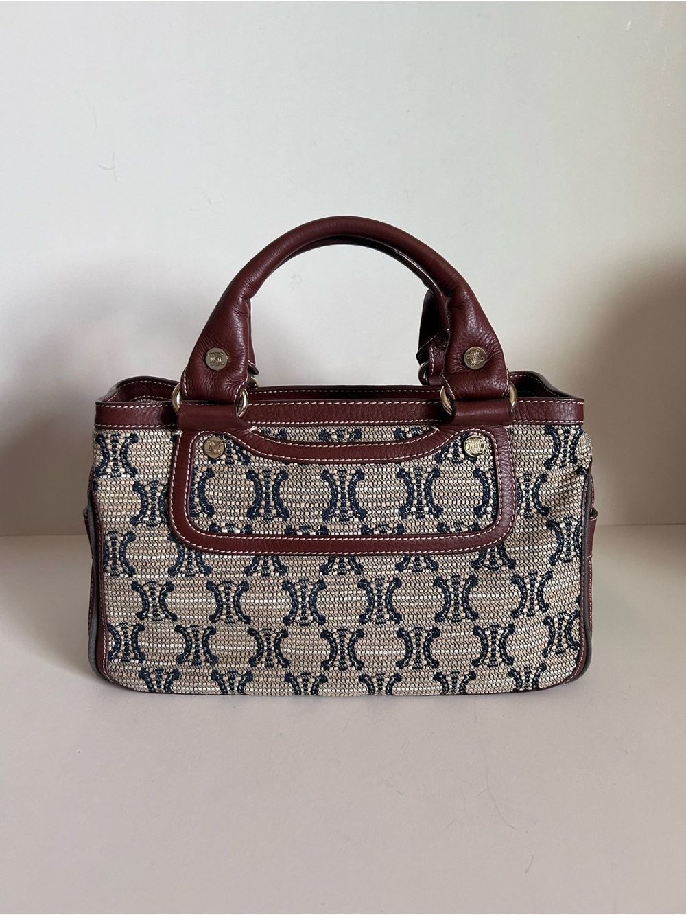 Celine Navy Monogram Woven Satchel with Burgundy Leather Trim